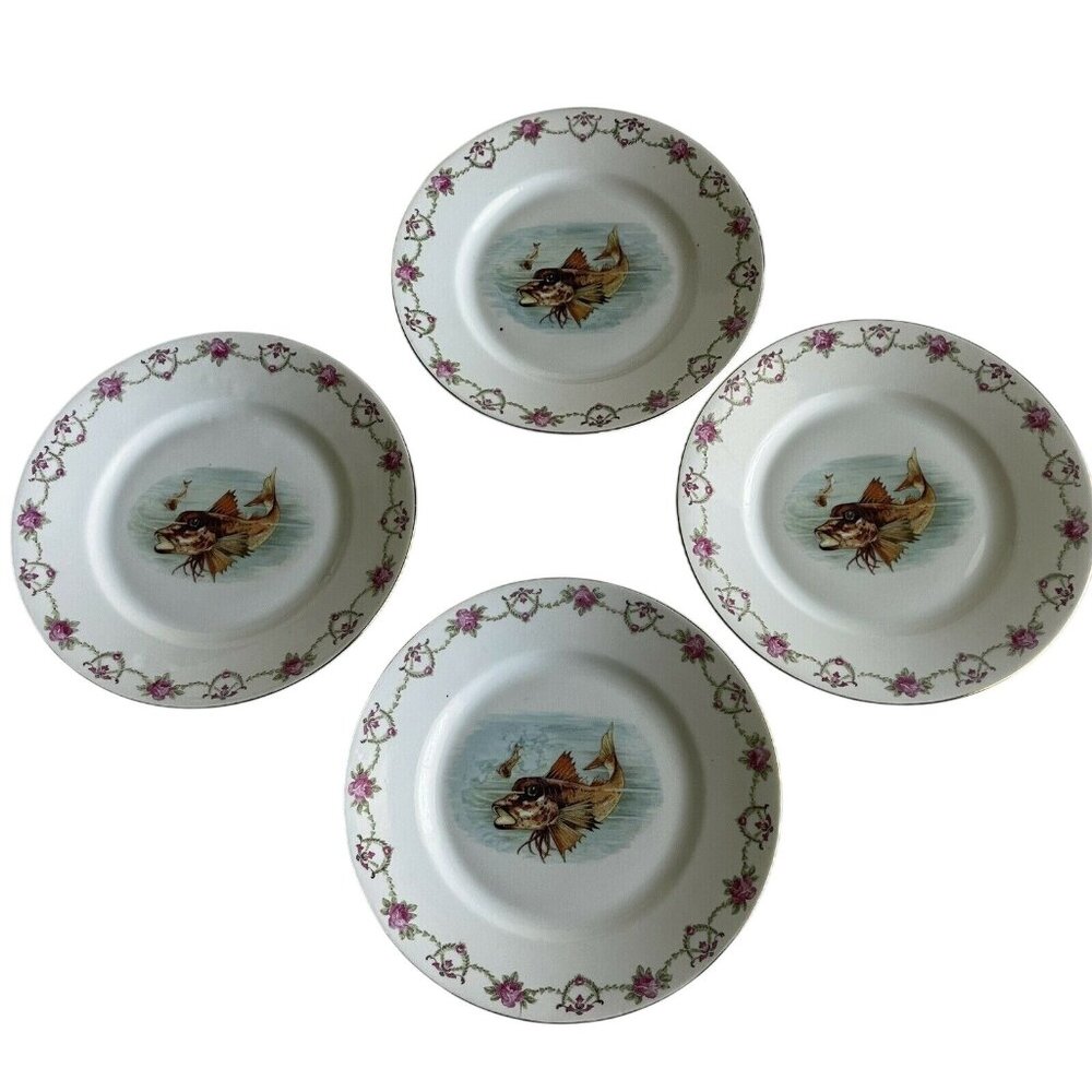 Victoria Czechoslovakia Fish Plates China 8.5" Circa 1920s Set of 4 Antique